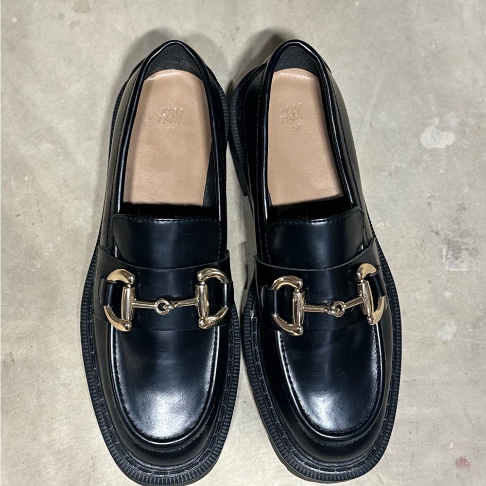 H&M Glossy Black Loafers with Gold Buckle